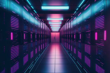 Picture of a data center with many rows of active server racks. Concept of Supercomputer Technology, Artificial Intelligence, and Modern Telecommunications Darkly lit with neon blue and pink lights - obrazy, fototapety, plakaty