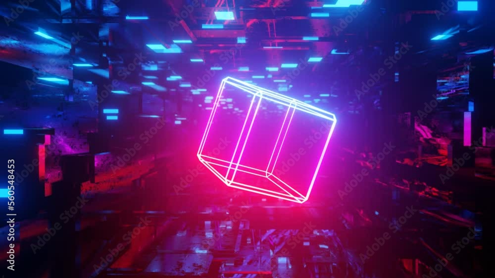 Poster cube. 3d object or structure rotates and moves inside glass mirror tunnel with neon light, bright re