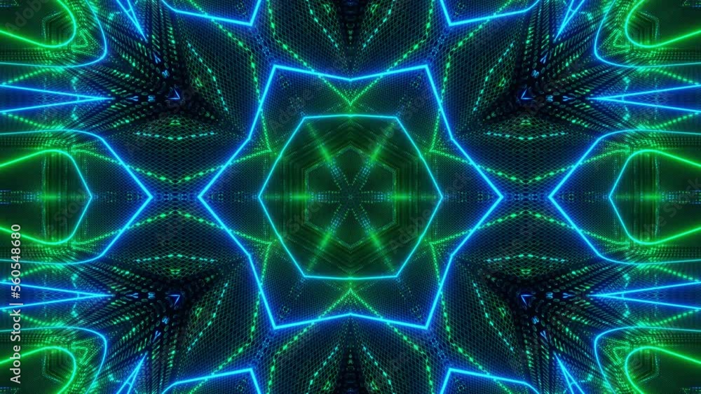 Poster symmetrical pattern. 4k neon kaleidoscope seamless looped background with glow neon lines and mirror
