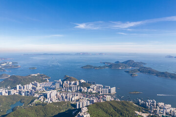 Beautiful aerial view of Mountains, Lamma Island and Aberdeen of Hong Kong