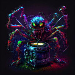Emotional spider monster playing drum. Generative AI.