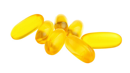 Yellow capsules of omega-3, fatty acid pills, nutritional supplement, isolated on transparent...