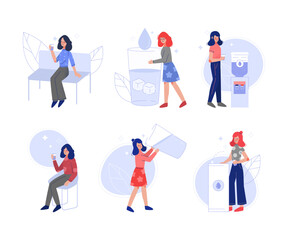Set of young people drinking clear water. Male and female characters drinking at water cooler flat vector illustration