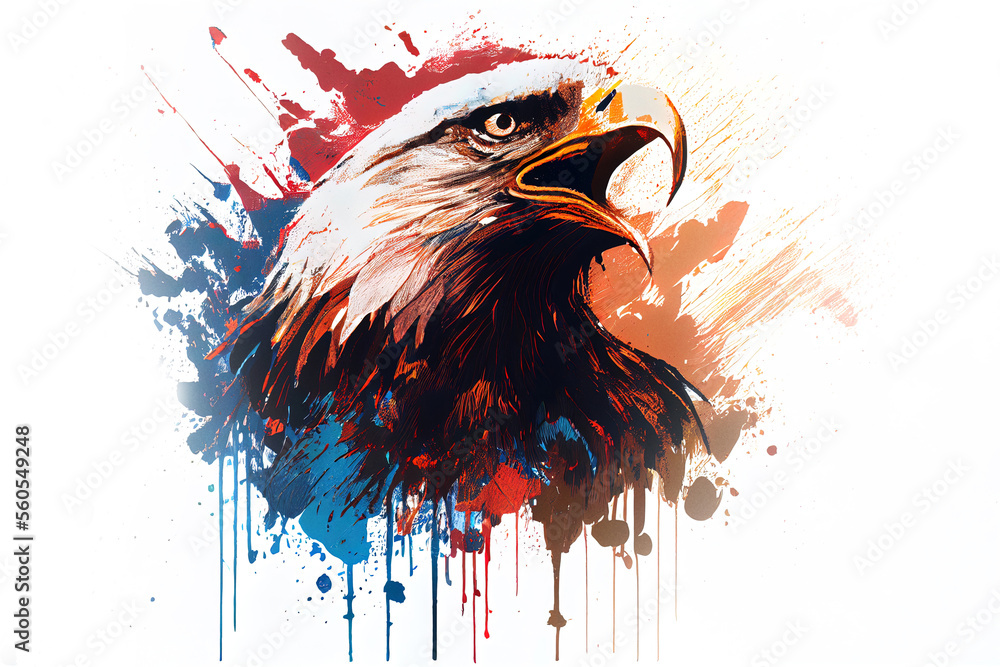 Poster Angry shouting eagle close-up on white background. Watercolour brush strokes artistic technique.  
Digitally generated AI image.
