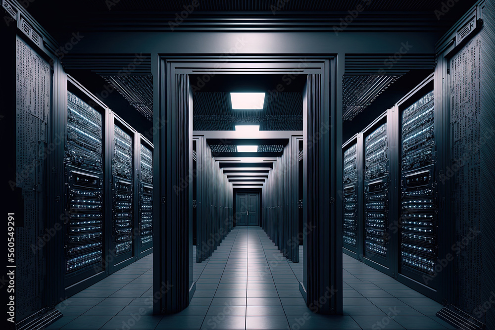 Poster fantastic symmetric data center space with supercomputers that can decipher binary code. generative 