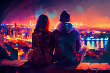 Generative AI Illustration of a loving couple watching the big city lights viewd from the back.  Valentines Day colorful backdrop oil painting digital art. - 560549252