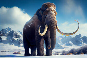 Generative AI Illustration of a furry old mammoth in snow with mountain landscape in the background. Prehistoric era digital art..