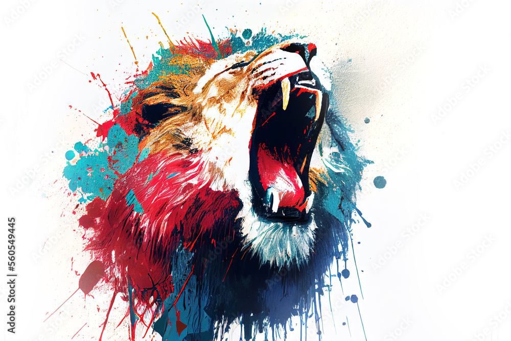 Poster angry shouting lion close-up on white background. watercolour brush strokes artistic technique. digi
