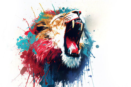 Angry shouting lion close-up on white background. Watercolour brush strokes artistic technique.  
Digitally generated AI image.