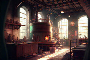 Generative AI Illustration of an vintage brewery interior digital art. Brewing factory in digital oil painting stylization.
