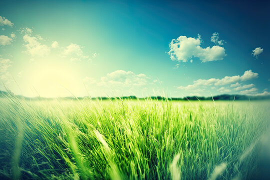 Background image of lush grass field under blue sky. Generative AI
