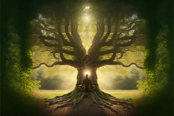 Trippy Meditation Under a Huge Tree - Phychedelic Spiritual Trip - Digital Illustration - Generative AI