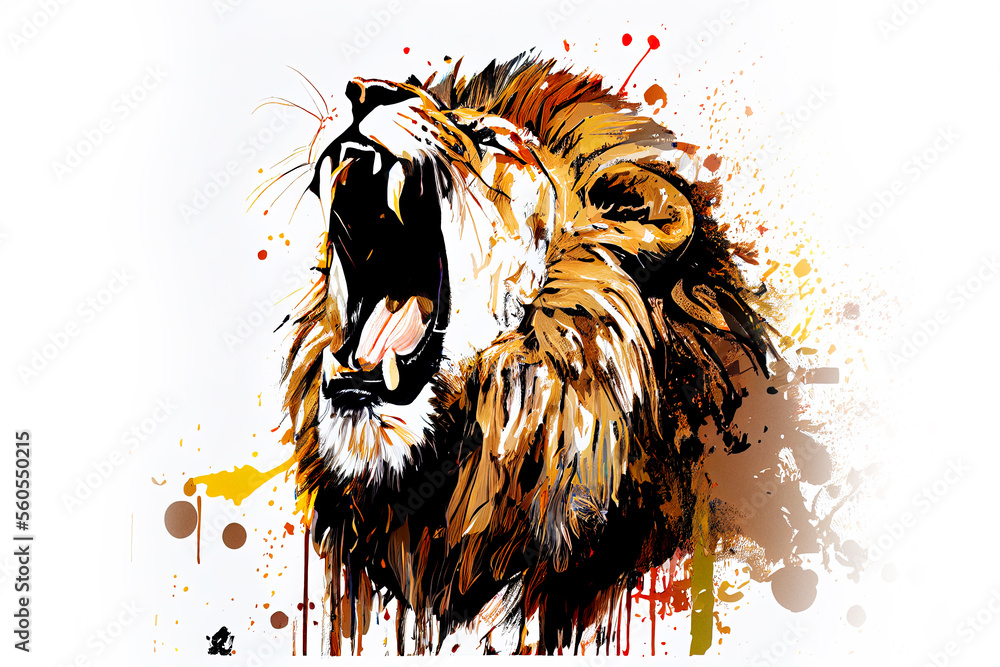 Poster angry shouting lion close-up on white background. watercolour brush strokes artistic technique. digi