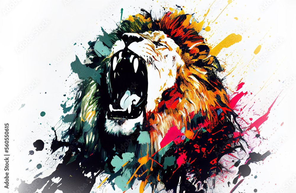 Poster angry shouting lion close-up on white background. watercolour brush strokes artistic technique. digi