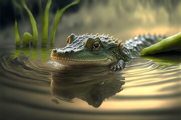 baby crocodile swims in the water - obrazy, fototapety, plakaty