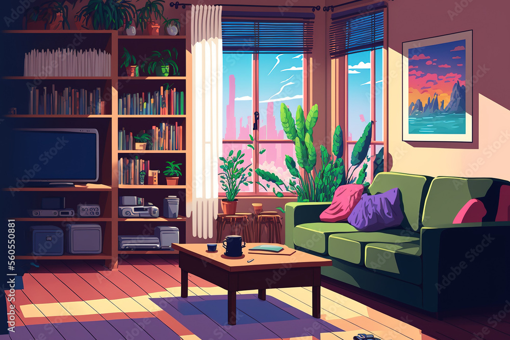 Wall mural simple color living room, interior, anime background, manga style. Generative AI