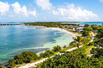 The aerial view of the crystal clear blue water by the beach at Bahia Honda State Park, Big Pine Key, Florida, U.S.A