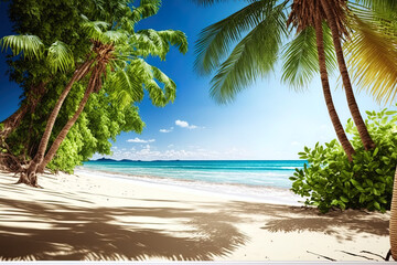 Obraz na płótnie Canvas Beautiful tropical beach and sea in the natural landscape on a sunny day. beach space area sea. Generative AI