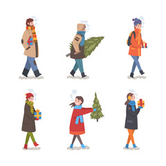 Set of people in warm winter clothes walking with gifts and carrying fir tree. Christmas and New year cartoon vector illustration