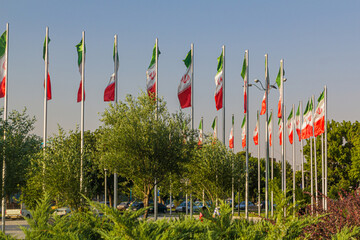 Flags of Iran at BabaTaher square in Hamadan, Iran
