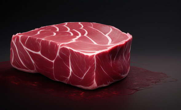 A piece of marble meat. Raw dry aged wagyu beef rump marble steak slice and piece as close-up on black background.