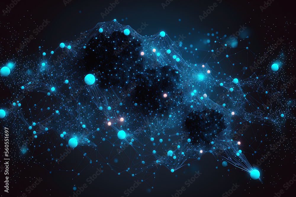 Poster abstract connected dots on a background of intense blue. technological idea. generative ai