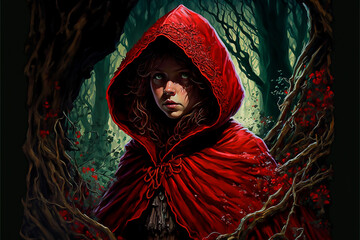 little red riding hood in the woods fantasy painting. generative ai
