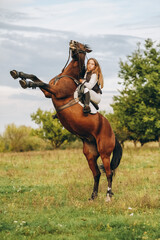 A young female jockey is sitting on her horse in show jumping training. The horse rears up. Preparing for the competition.