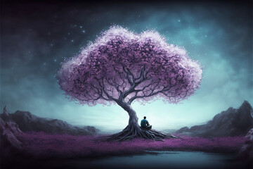Obraz na płótnie Canvas Trippy Meditation Under a Huge Tree - Phychedelic Spiritual Trip - Digital Illustration - Generative AI