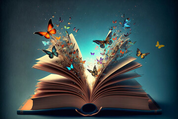 Ein offenes Buch, aus dem Schmetterlingen herausfliegen, ideal für Fantasy- und Literaturhintergründe - AI generiert - obrazy, fototapety, plakaty