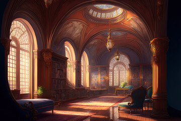 the library's ancient, opulent hall. Beautiful ceremony space with arching ceilings, illumination inside, and exquisite vintage furnishings. illustration. Generative AI