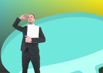 Composition of caucasian businessman saluting over speech bubble with copy space - Powered by Adobe