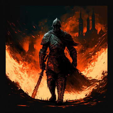 Caballero con armadura y espada con un fondo de fuego