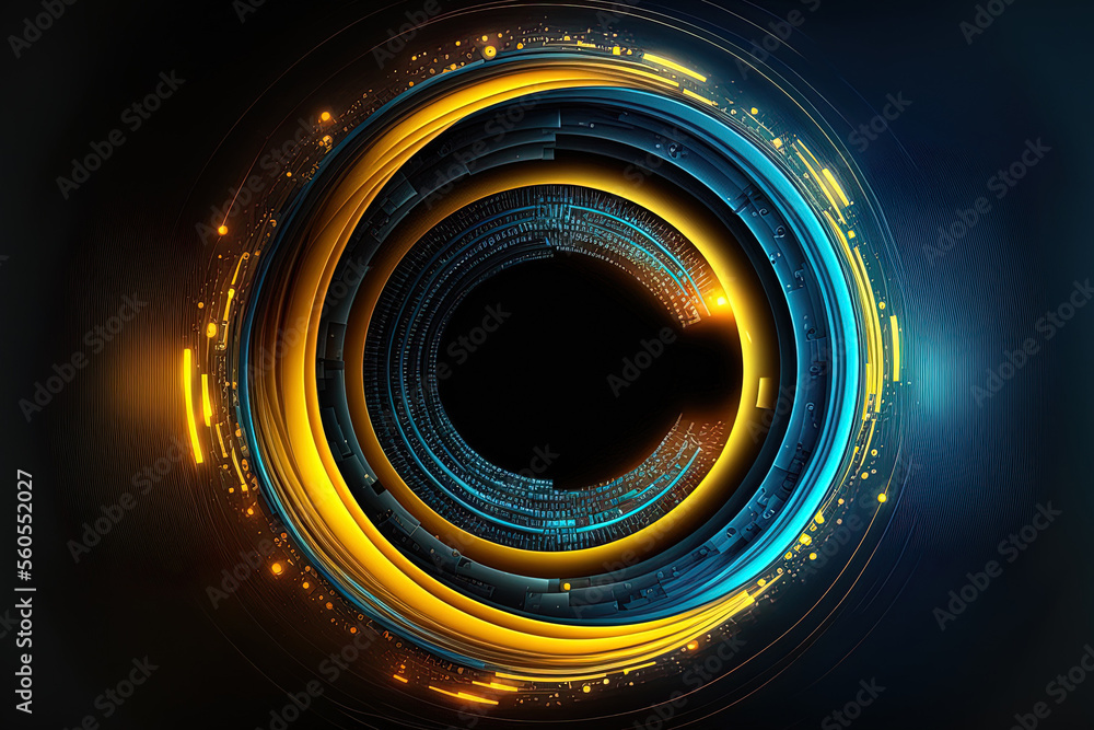 Poster blue and yellow abstract circular interface background. generative ai