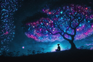 Naklejka na ściany i meble Trippy Meditation Under a Huge Tree - Phychedelic Spiritual Trip - Digital Illustration - Generative AI