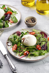 Plates with arugula and spinach salad with fresh cherry tomatoes and italian fresh cheese burrata with balsamic vinegar dressing on a light grey concrete background