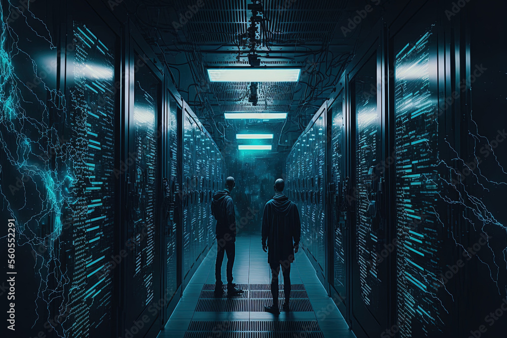 Poster exchanging cyber data in a server room. generative ai