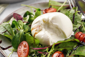 Plates with arugula and spinach salad with fresh cherry tomatoes and italian fresh cheese burrata with balsamic vinegar dressing on a light grey concrete background, close up