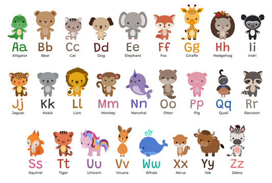 Kawaii animal alphabet. Cartoon animals English alphabet poster. Baby style cute fun characters - adorable wild animals, letters and words. Abc learning print for kids. Children vector illustration.