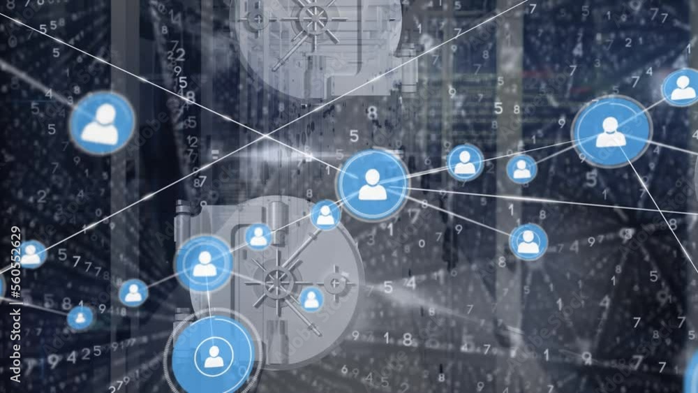 Poster animation of network of connections with icons over server room and data processing