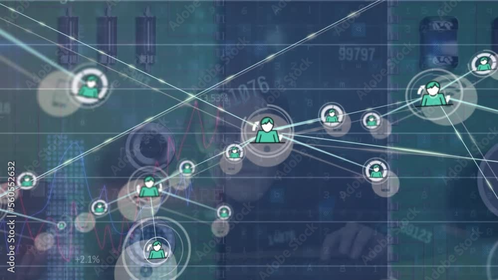 Poster animation of network of connections with icons over caucasian male hacker and data processing
