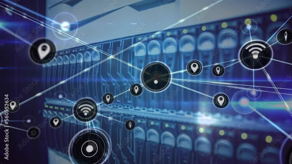 Poster animation of network of connections with icons over server room and data processing