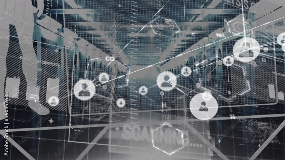 Poster animation of network of connections with icons over server room and data processing