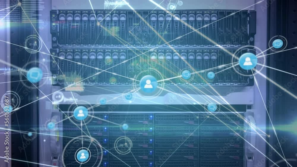 Poster animation of network of connections with icons over server room and data processing