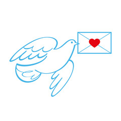 Dove and Love Message. White pigeon with paper envelope and red heart. Symbol of love. Flat image, isolated, white background.