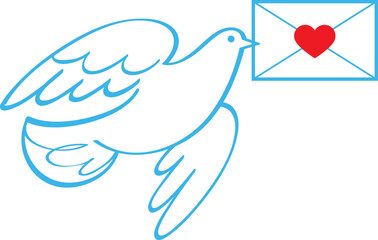 Dove and Love Message. White pigeon with paper envelope and red heart. Symbol of love. Flat image, isolated, white background.
