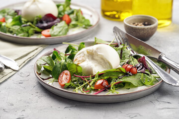 Plates with arugula and spinach salad with fresh cherry tomatoes and italian fresh cheese burrata with balsamic vinegar dressing on a light grey concrete background