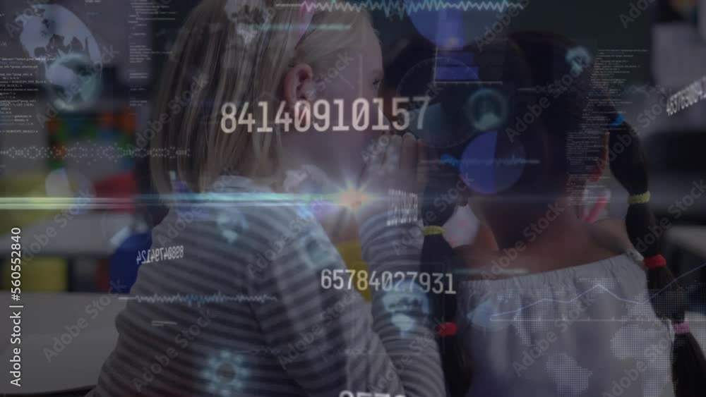 Poster animation of data processing over diverse schoolchildren in classroom