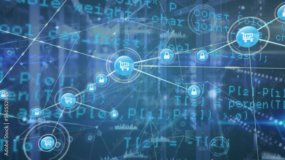 Poster animation of network of connections with icons over server room and data processing
