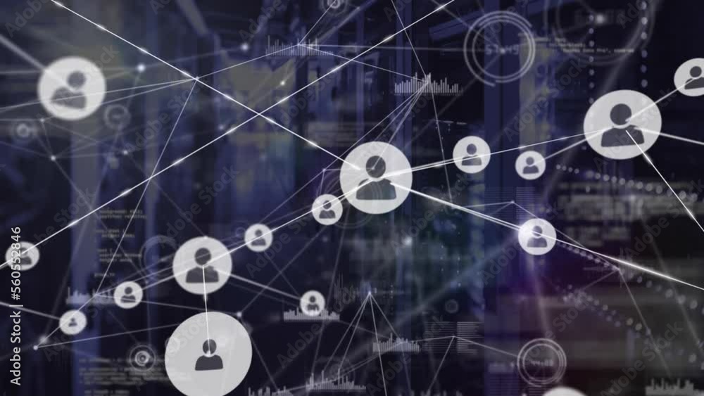 Poster animation of network of connections with icons over server room and data processing